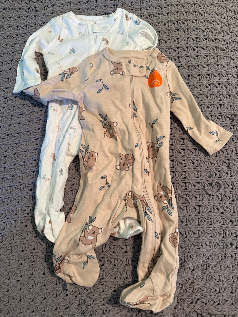 Carter's Tan and White Koala Print Zipper Footed One-Pieces